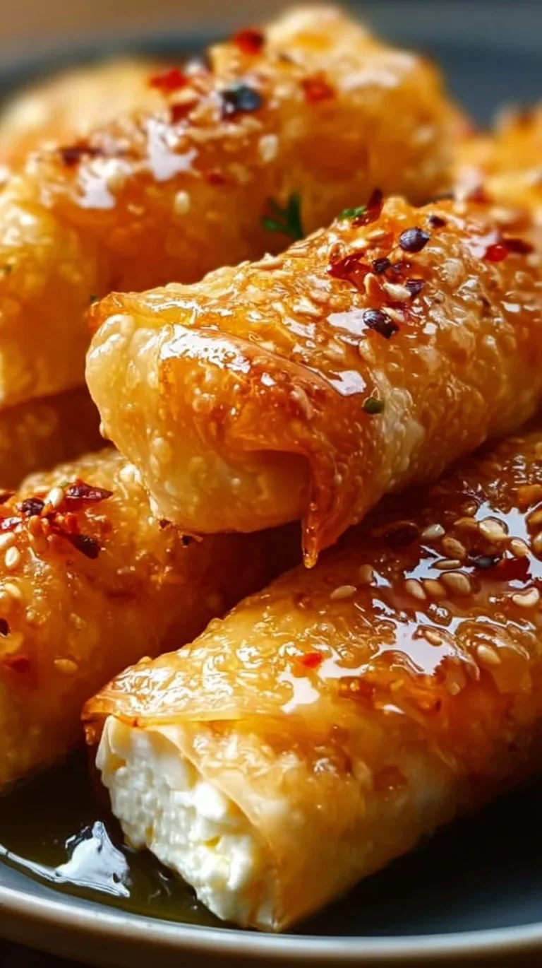 Oven-fried feta rolls served with chili honey drizzled on top