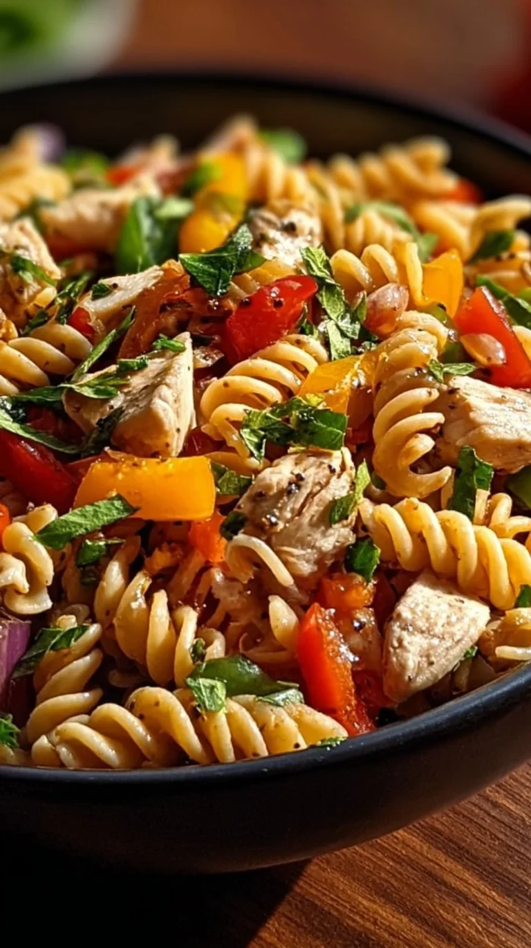 Protein-packed chicken pasta salad with fresh vegetables and dressing