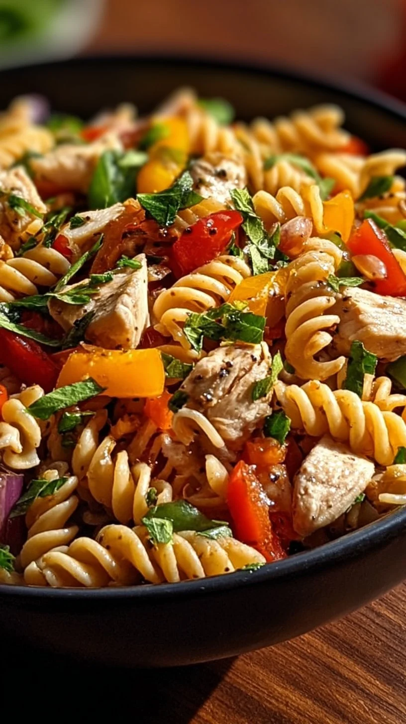 Protein-packed chicken pasta salad with fresh vegetables and dressing