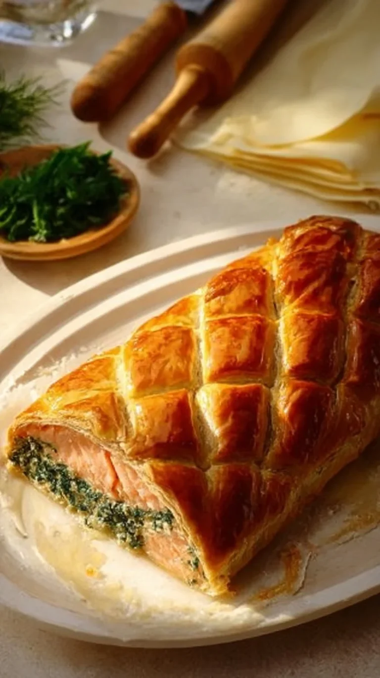 Delicious Salmon Wellington baked with flaky pastry and herbs