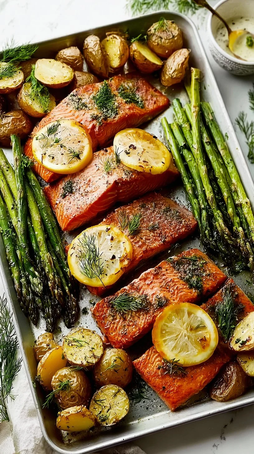 Sheet pan salmon and asparagus with crispy smashed potatoes on a baking tray.