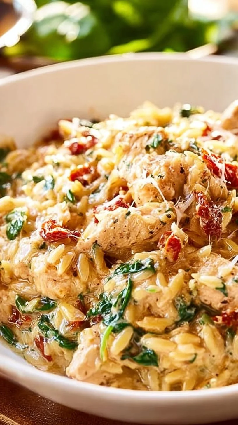 Slow Cooker Creamy Tuscan Chicken Orzo dish served in a bowl