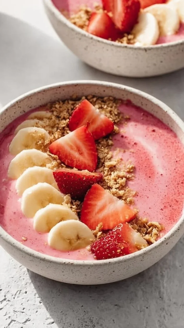 Delicious strawberry banana smoothie bowl topped with fresh fruits and granola.