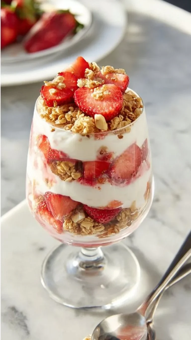 Strawberry Cheesecake Breakfast Parfait with layers of cream and fresh strawberries