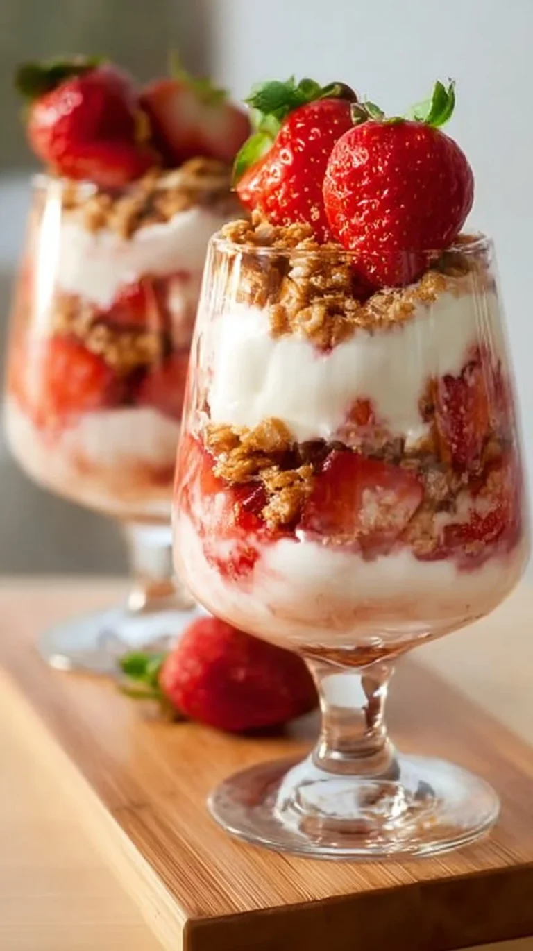 Strawberry pretzel salad parfaits in a glass, showcasing layers of strawberries and pretzel crust.