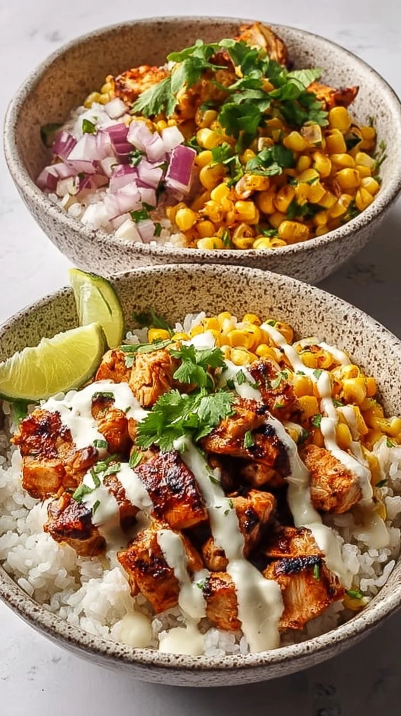 Delicious Street Corn Chicken rice bowl topped with fresh ingredients