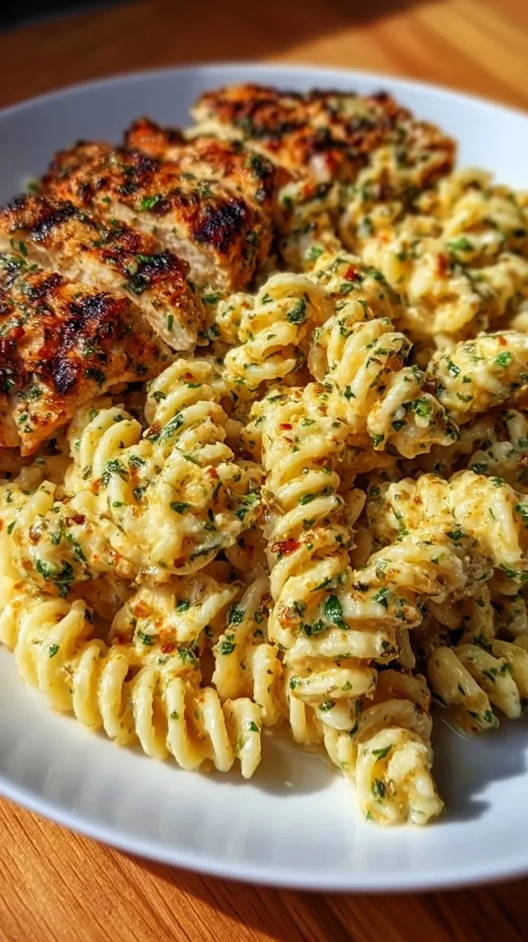 Creamy garlic parmesan chicken pasta dish garnished with herbs