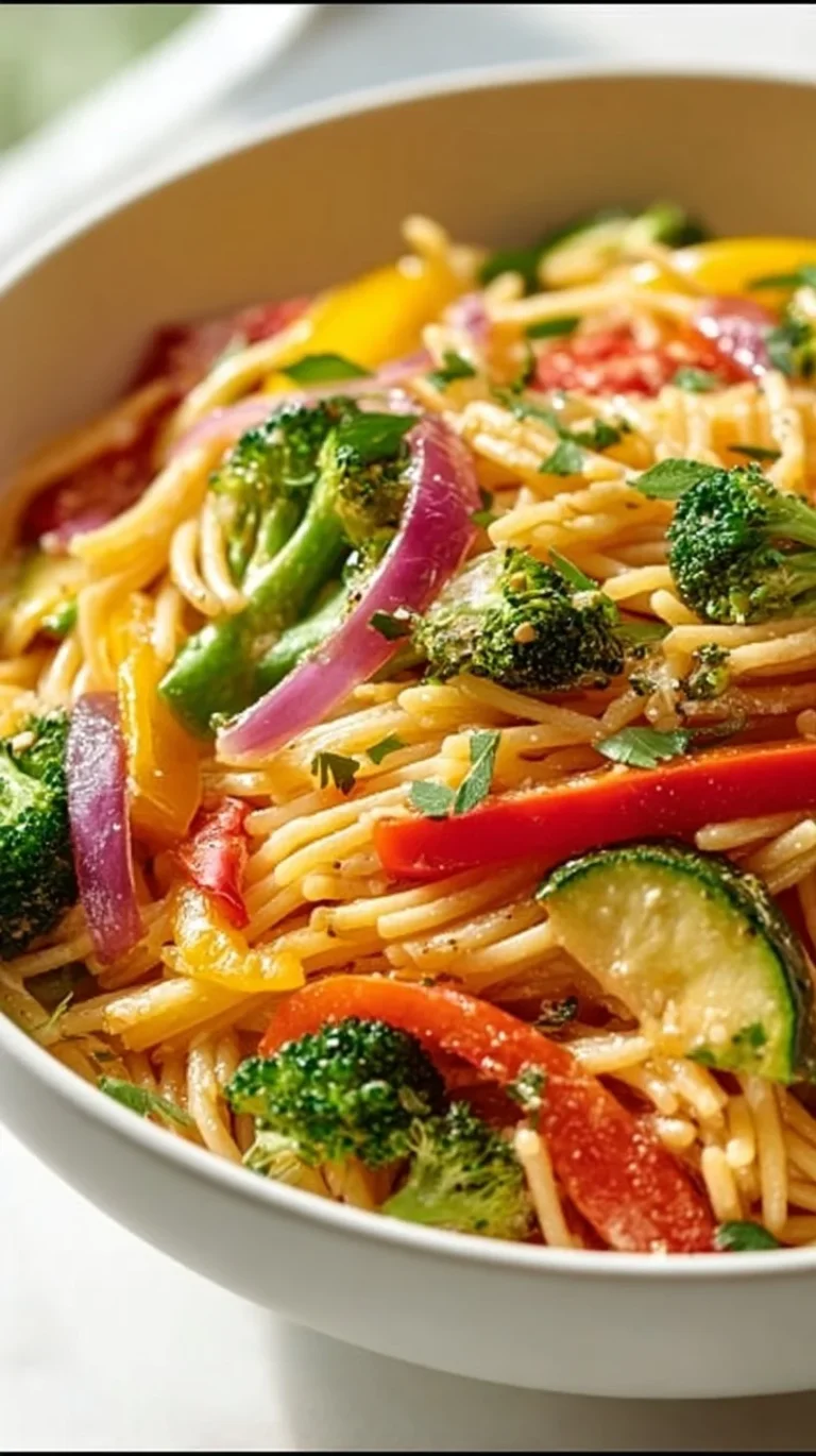 Colorful Vegetarian Pasta Primavera with fresh vegetables and herbs