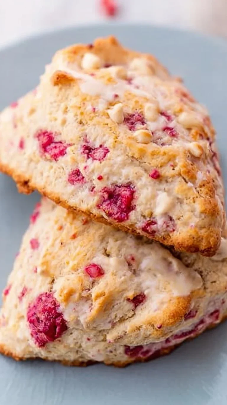 Freshly baked white chocolate raspberry scones with a berry topping