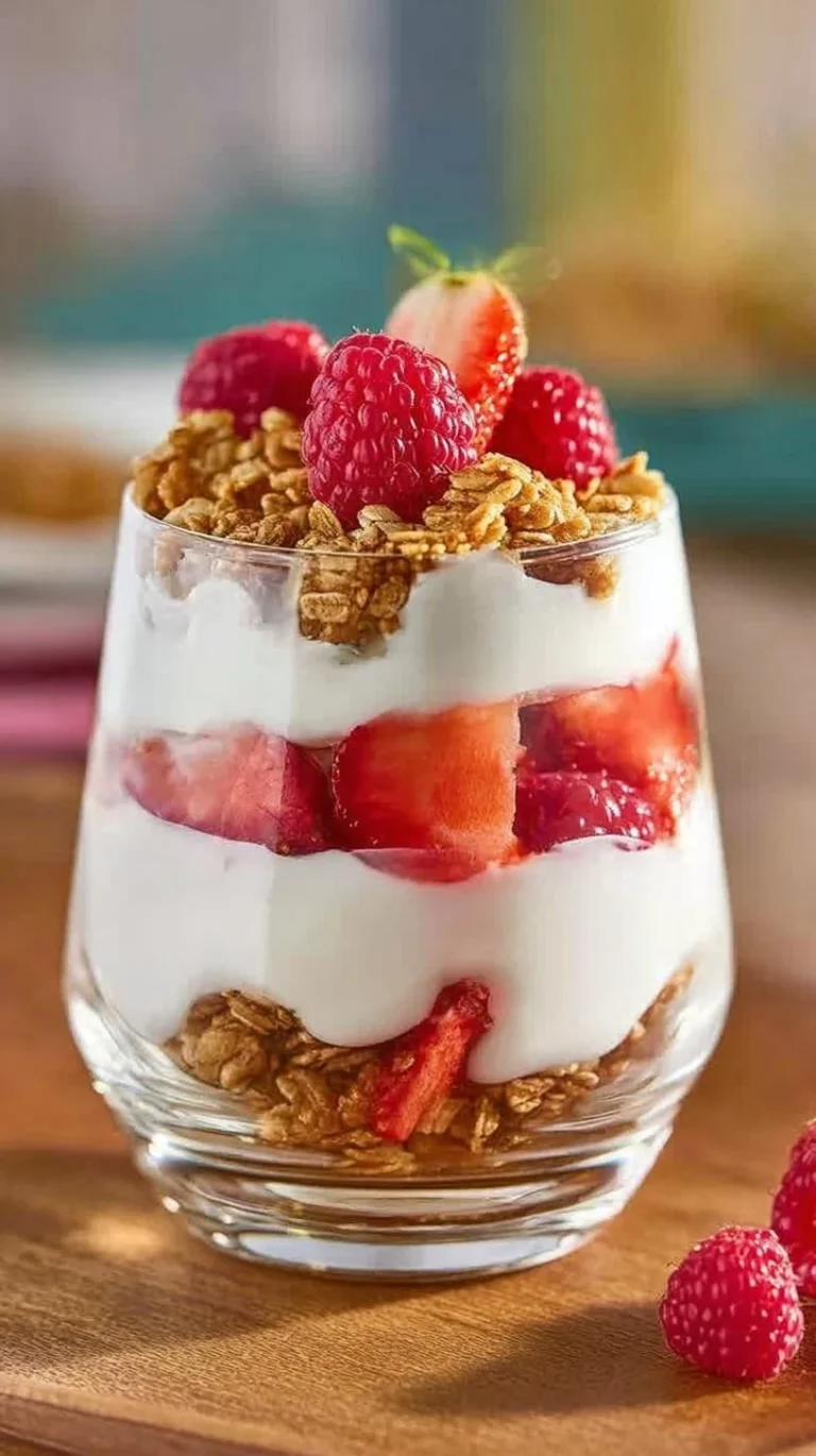 Delicious yogurt parfait layered with fruits and granola.