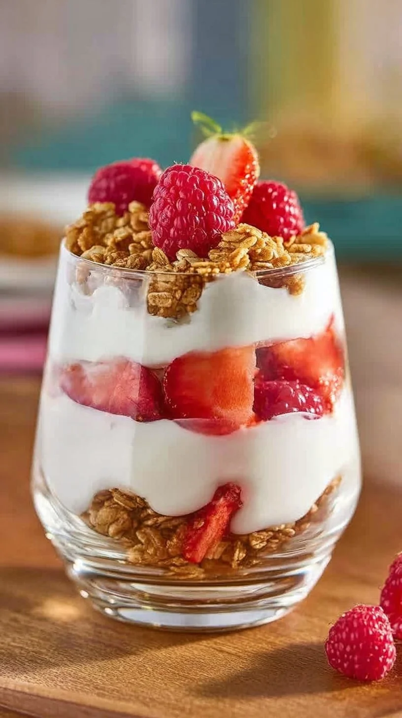 Delicious yogurt parfait layered with fruits and granola.