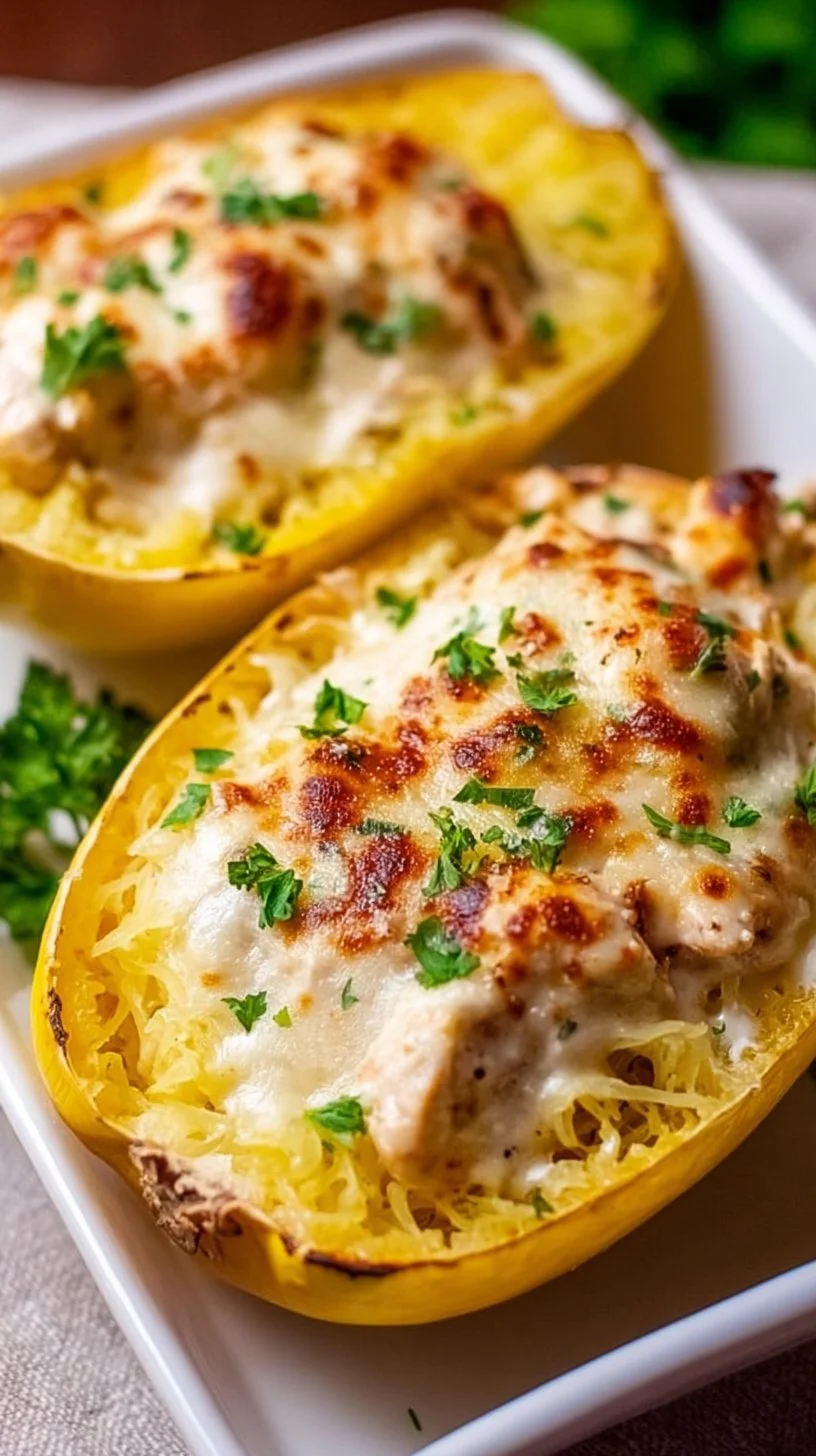 Chicken Alfredo Spaghetti Squash 1 Delicious Chicken Alfredo served with spaghetti squash for a healthier twist.