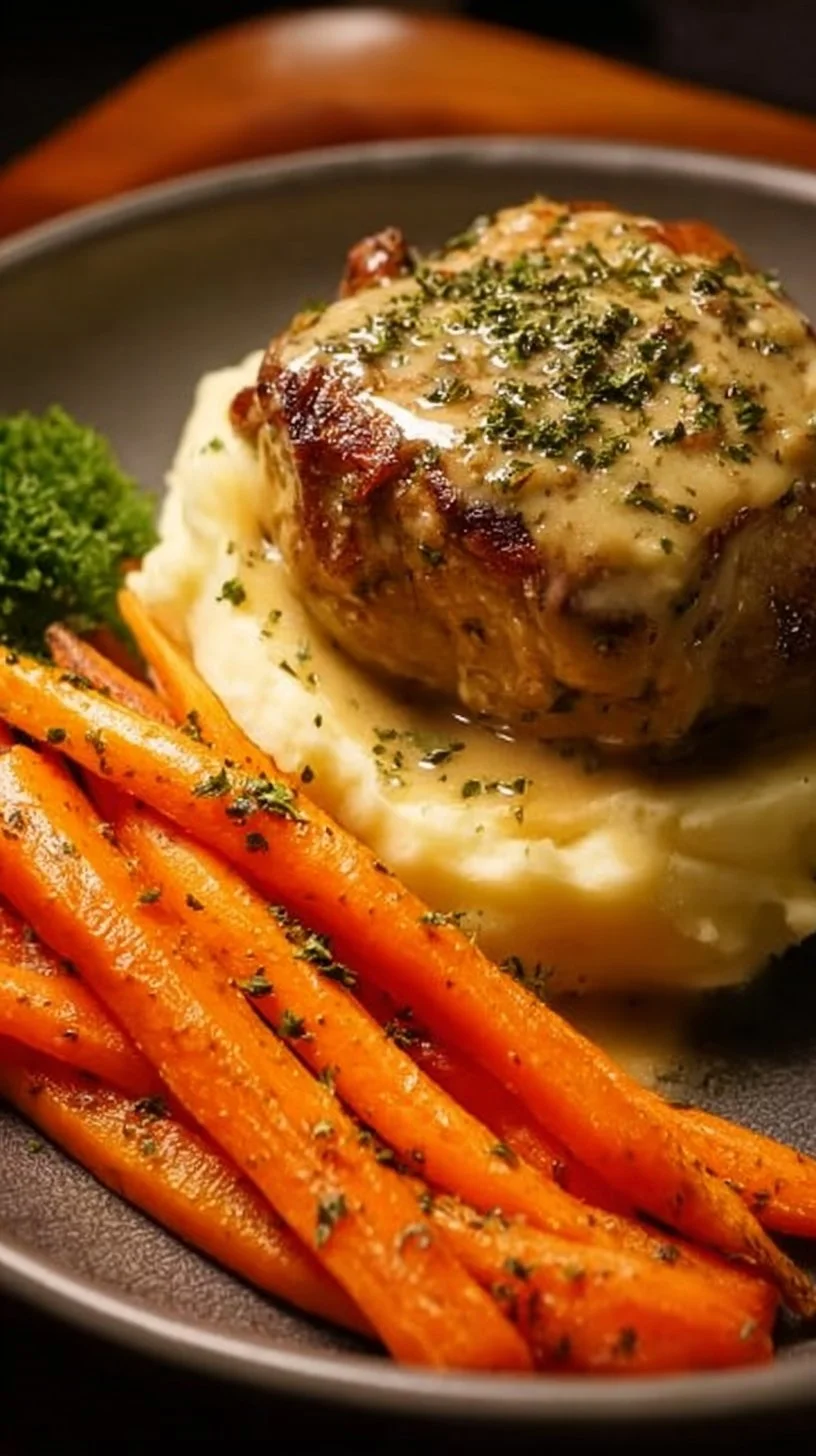 Creamy herb chicken with mashed potatoes and honey glazed carrots on a plate