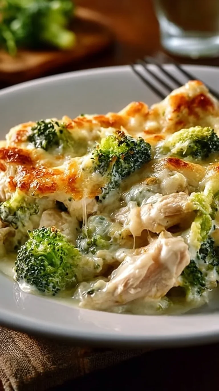 Creamy Keto Chicken Alfredo Broccoli Bake with melted cheese and fresh broccoli