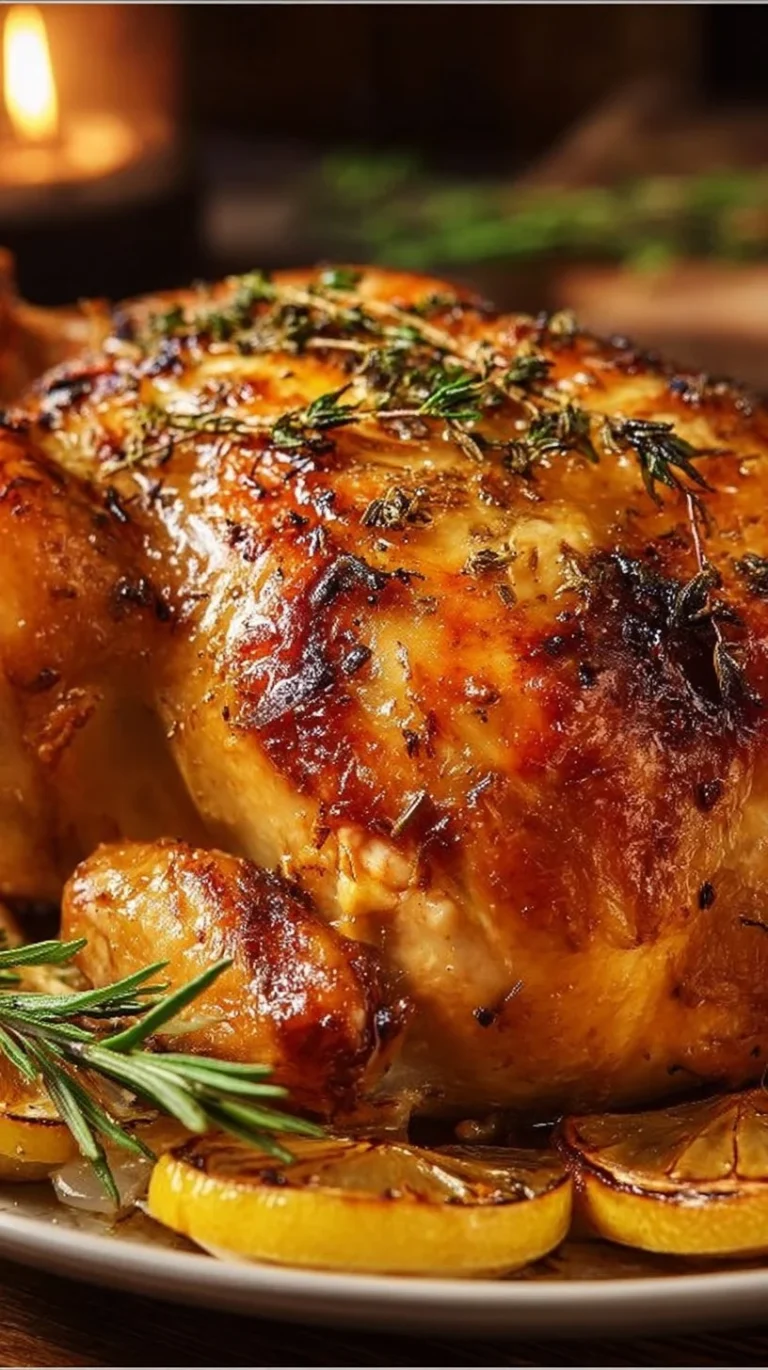 Delicious French Herb Roasted Chicken garnished with fresh herbs and spices