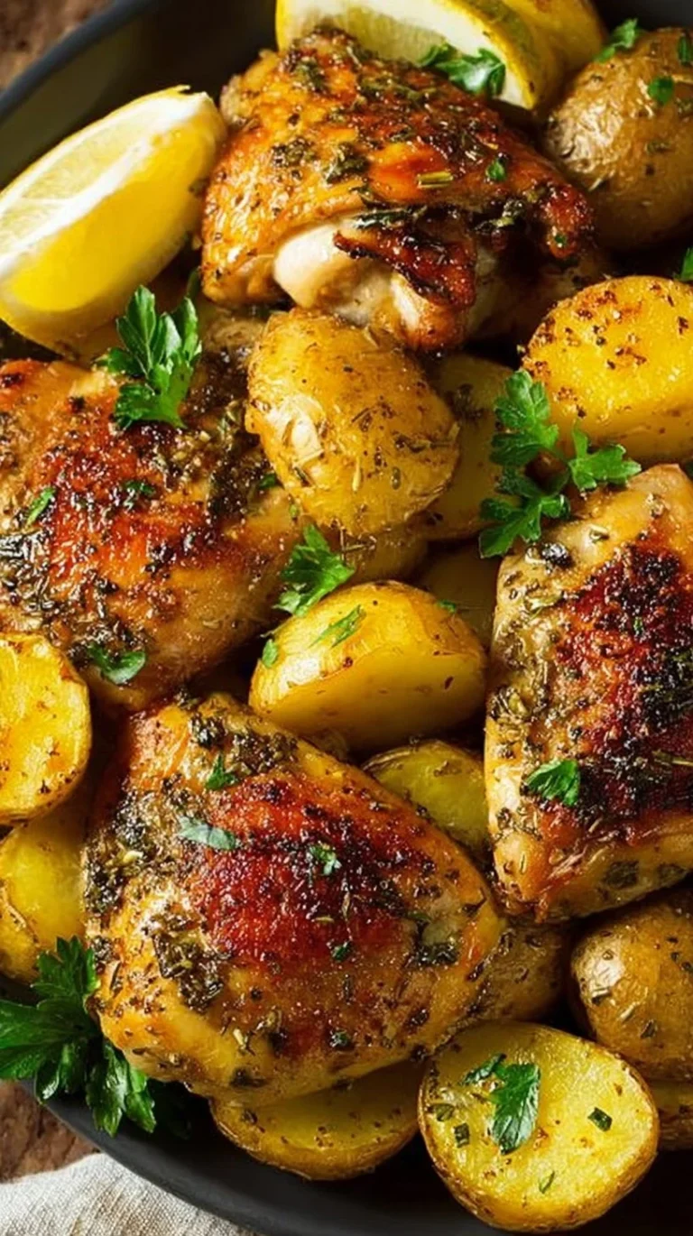 Plate of Greek Chicken with roasted potatoes and herbs