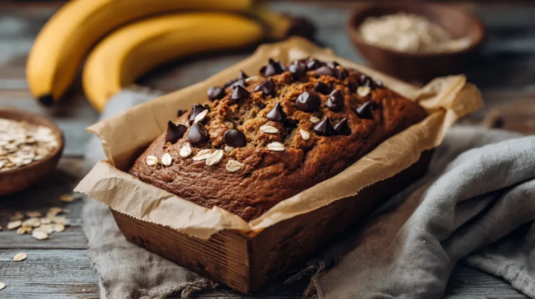A moist, golden-brown banana chocolate chip loaf made with oat flour and topped with melted chocolate chips, sitting on a rustic wooden table.
