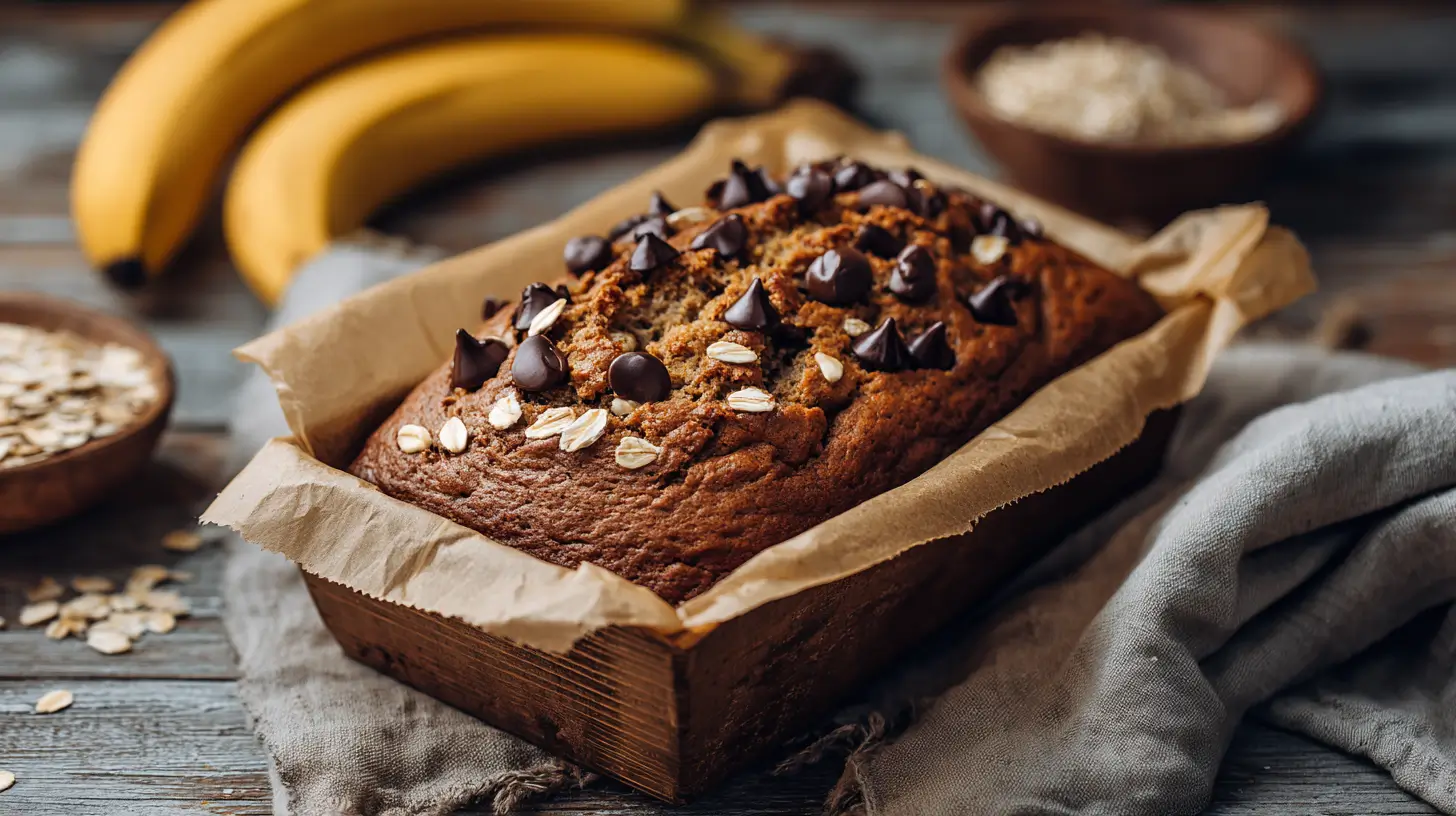 A moist, golden-brown banana chocolate chip loaf made with oat flour and topped with melted chocolate chips, sitting on a rustic wooden table.