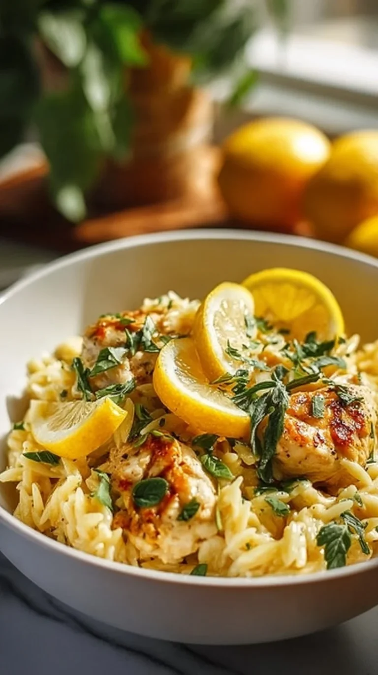 Bowl of lemon chicken orzo with fresh herbs and lemon slices